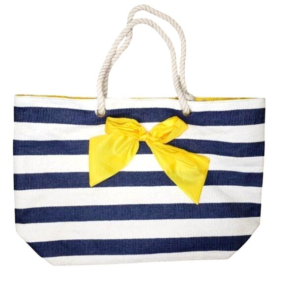 Striped Canvas Beach Bag tote With Rope Handles & Yellow Bow Accent 21"×14". - Picture 1 of 8